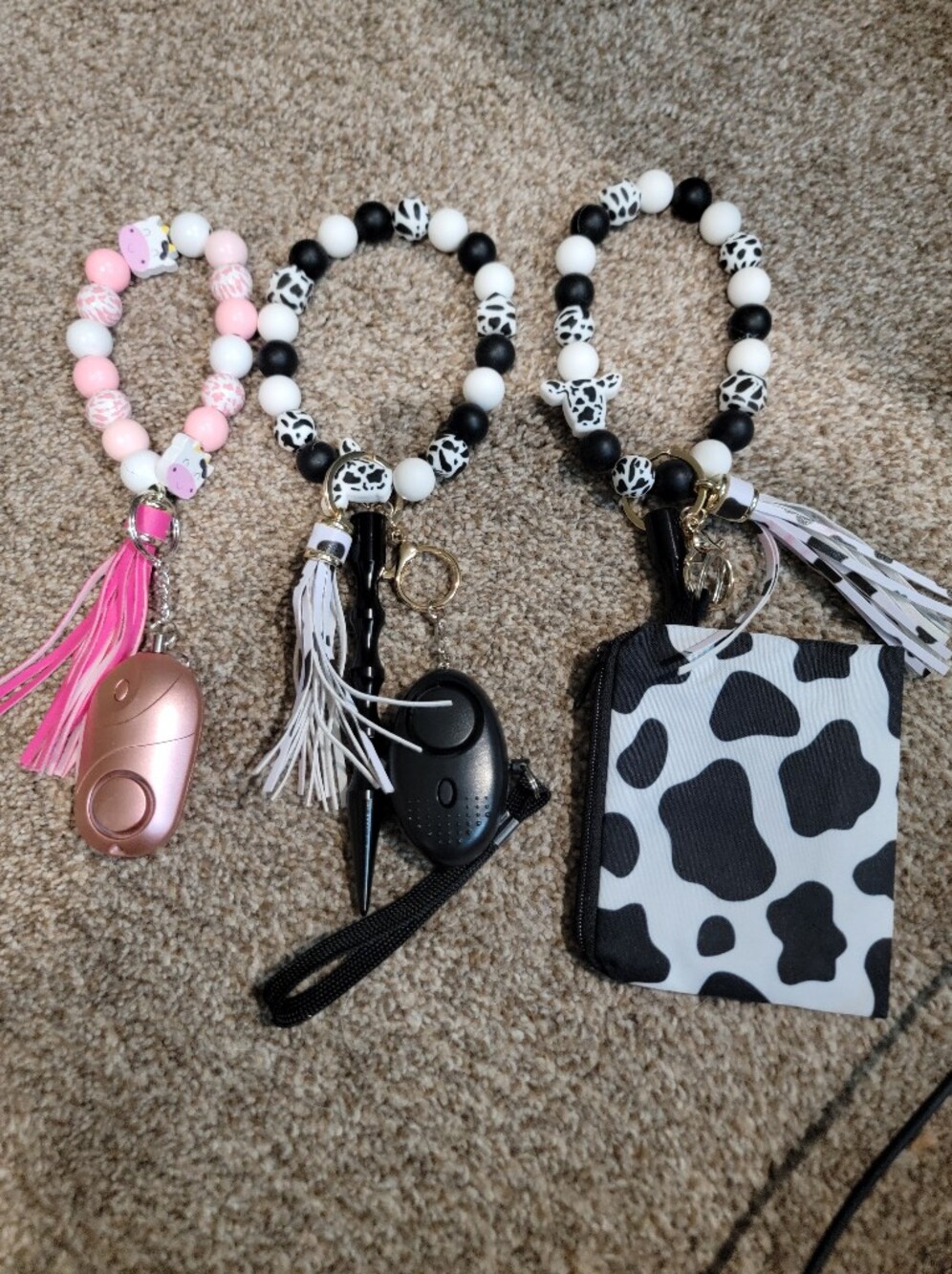 Kids Beaded Wrist Keychain with Tassel - Cow Print